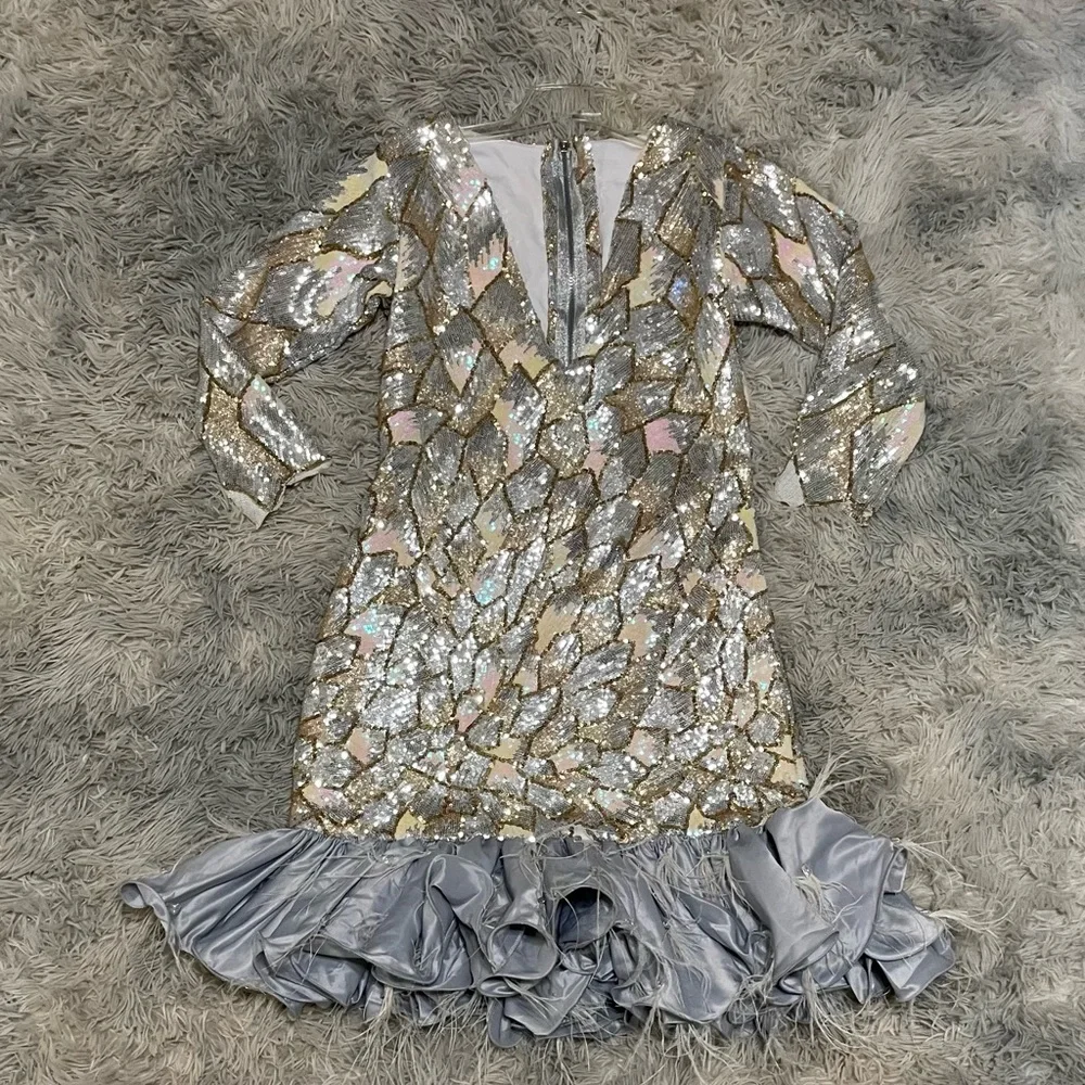 Silver and Gold Sequin Dress with Ruffle Hem - Picture 16 of 16